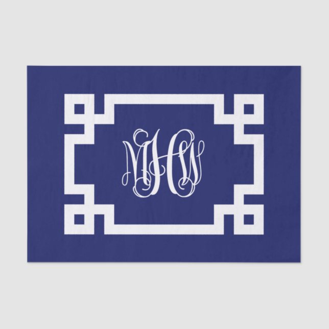 Navy White Vine Script Monogram Greek Key DIY BG Tissue Paper (Front)