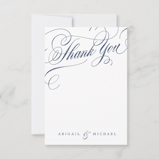 Navy white vintage calligraphy wedding thank you card (Front)
