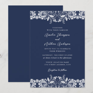 Navy White Vintage Lace Wedding Invitation