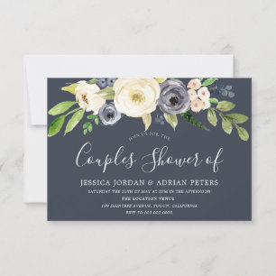 Navy & White Watercolor Flowers Couples Shower Invitation
