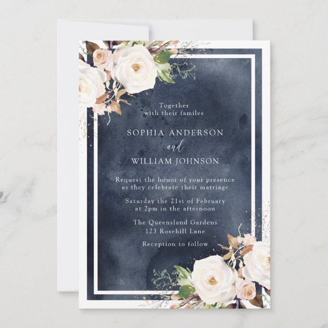 Navy & White Watercolor Flowers Elegant Wedding Invitation (Front)