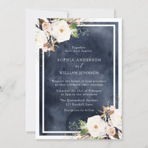 Navy & White Watercolor Flowers Elegant Wedding Invitation