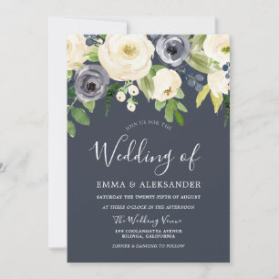 Navy & White Watercolor Flowers Modern Wedding Invitation