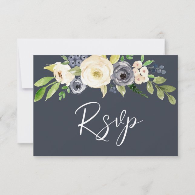 Navy & White Watercolor Flowers Wedding RSVP Card (Front)