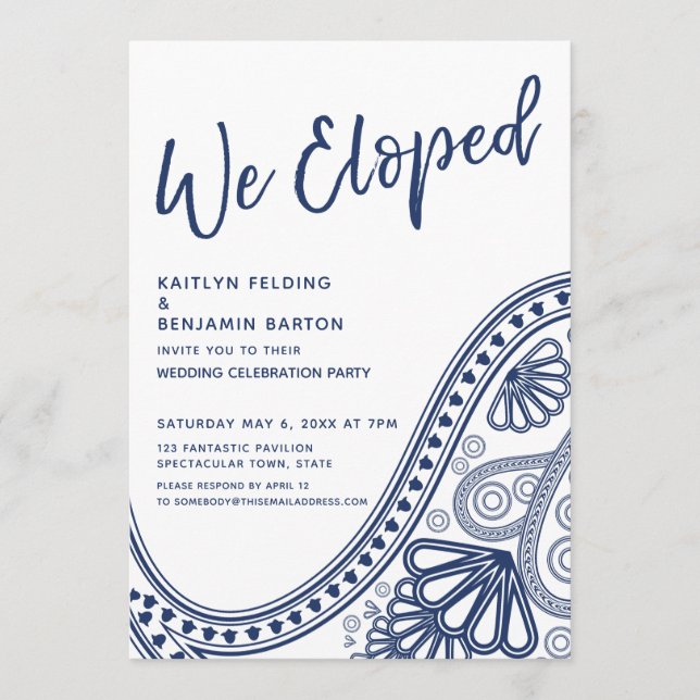 Navy & White We Eloped Paisley Reception-Only Invitation (Front)