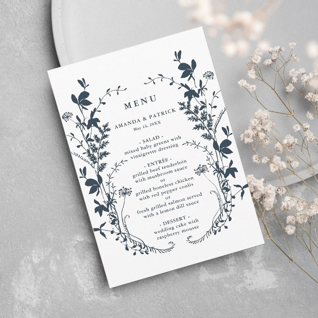Navy & White Wildflower Silhouette Wreath Wedding  Menu (Creator Uploaded)
