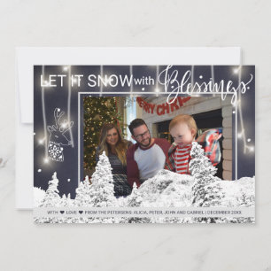 Navy White Winter Wonderland 3 Family Photo Holiday Card
