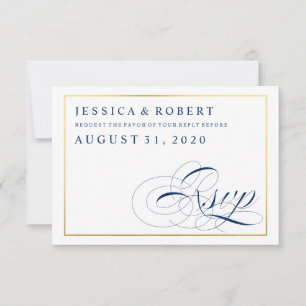 Navy & White with Faux Gold Wedding RSVP Card