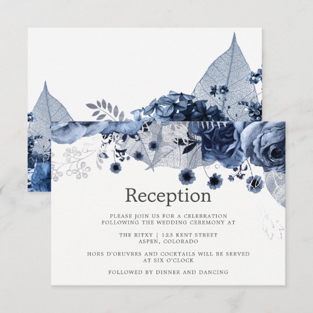 Navy & White with Silver Floral Wedding Reception Invitation (Front/Back)