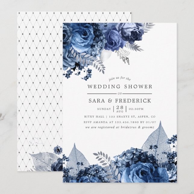 Navy & White with Silver Foil Wedding Shower Invitation (Front/Back)