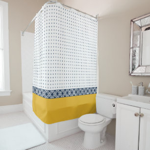 Navy White Yellow Gold Eastern Geometric Pattern  Shower Curtain