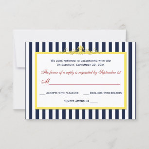 Navy, White, Yellow, Red Striped Scroll RSVP Card