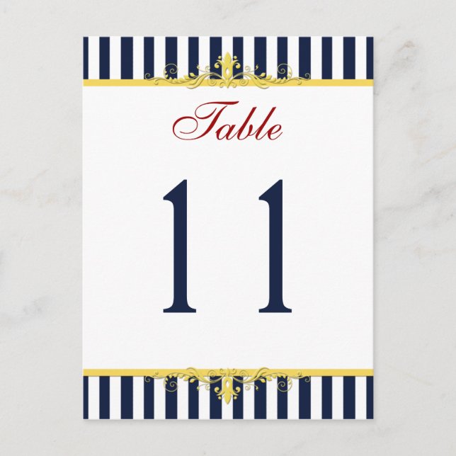 Navy, White, Yellow, Red Striped Table Number Postcard (Front)