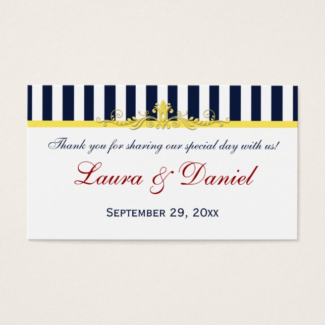 Navy, White, Yellow, Red Striped Wedding Favour Ta (Front)