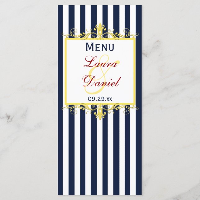 Navy White Yellow Red Stripes, Scrolls Menu Card (Front)
