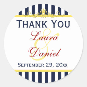 Navy White Yellow Stripes Scroll Wedding Sticker