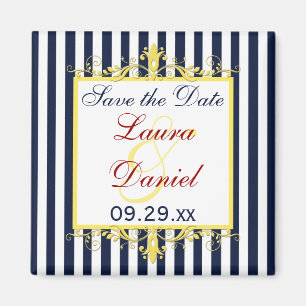 Navy, White, Yellow Stripes, Scrolls Save the Date Magnet