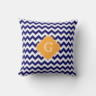 Navy Wht Chevron Cantaloupe Quatrefoil Monogram Cushion