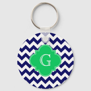 Navy Wht Chevron Emerald Green Quatrefoil Monogram Key Ring