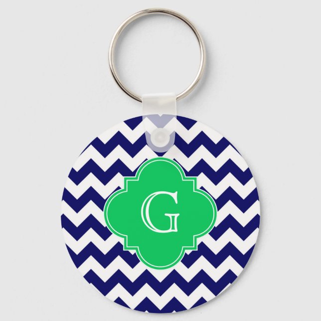 Navy Wht Chevron Emerald Green Quatrefoil Monogram Key Ring (Front)