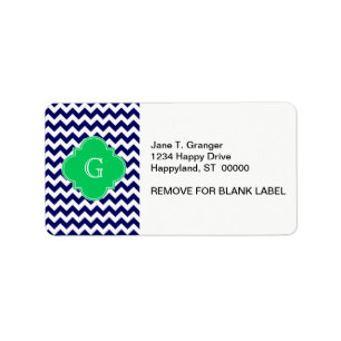 Navy Wht Chevron Emerald Green Quatrefoil Monogram Label