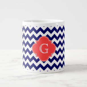 Navy Wht Chevron Zigzag Coral Quatrefoil Monogram Large Coffee Mug