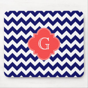 Navy Wht Chevron Zigzag Coral Quatrefoil Monogram Mouse Mat