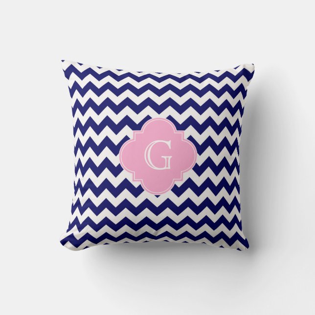 Navy Wht Chevron ZigZag Pink Quatrefoil Monogram Cushion (Front)