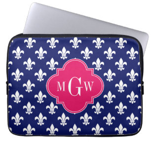 Navy Wht Fleur de Lis Raspberry 3 Initial Monogram Laptop Sleeve