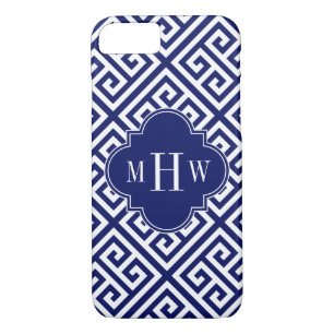 Navy Wht Med Greek Key Diag T Navy Name Monogram iPhone 8/7 Case