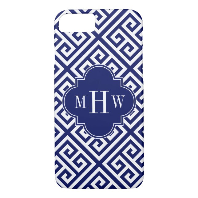 Navy Wht Med Greek Key Diag T Navy Name Monogram Case-Mate iPhone Case (Back)
