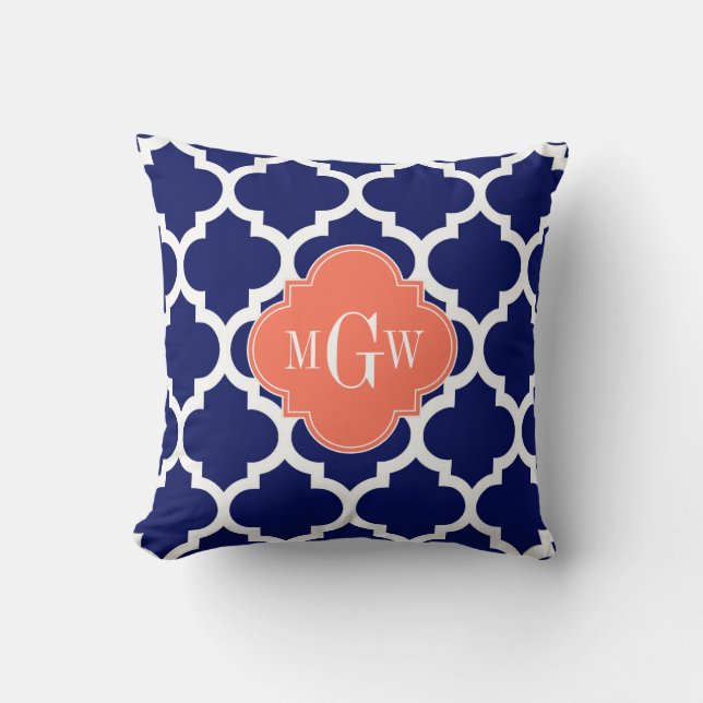 Navy Wht Moroccan #5 Coral 3 Initial Monogram Cushion (Front)