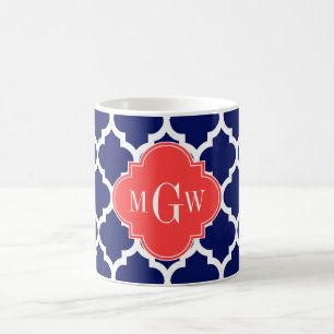 Navy Wht Moroccan #5 Coral Red 3 Initial Monogram Coffee Mug