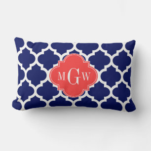 Navy Wht Moroccan #5 Coral Red 3 Initial Monogram Lumbar Cushion