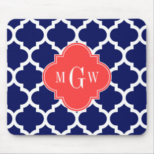 Navy Wht Moroccan #5 Coral Red 3 Initial Monogram Mouse Mat
