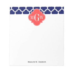 Navy Wht Moroccan #5 Coral Red 3 Initial Monogram Notepad
