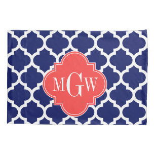 Navy Wht Moroccan #5 Coral Red 3 Initial Monogram Pillowcase