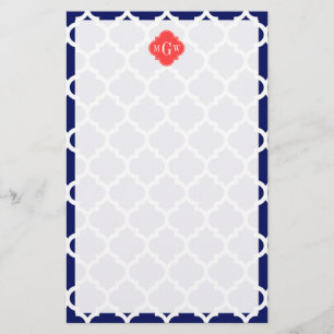 Navy Wht Moroccan #5 Coral Red 3 Initial Monogram Stationery