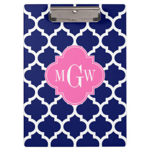 Navy Wht Moroccan #5 Hot Pink2 3 Initial Monogram Clipboard