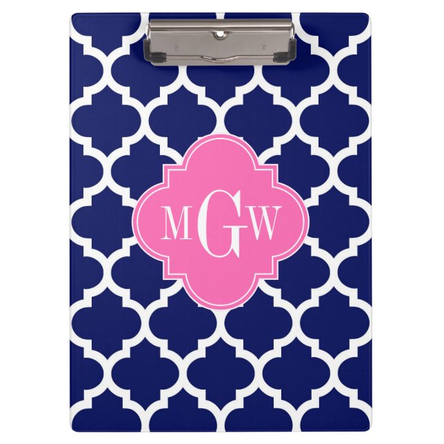 Navy Wht Moroccan #5 Hot Pink2 3 Initial Monogram Clipboard (Front)