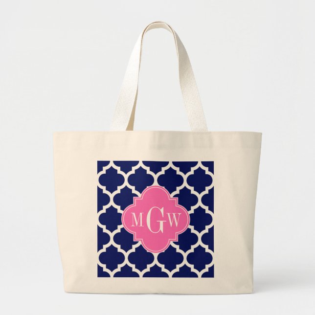 Navy Wht Moroccan #5 Hot Pink2 3 Initial Monogram Large Tote Bag (Front)