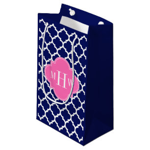 Navy Wht Moroccan #5 Hot Pink2 3 Initial Monogram Small Gift Bag