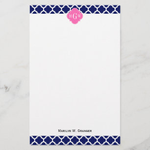 Navy Wht Moroccan #5 Hot Pink2 3 Initial Monogram Stationery