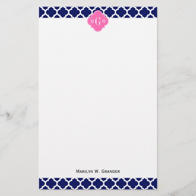 Navy Wht Moroccan #5 Hot Pink2 3 Initial Monogram Stationery (Front)