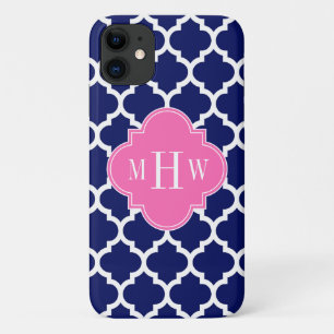 Navy Wht Moroccan #5 Hot Pink 3 Initial Monogram iPhone 11 Case