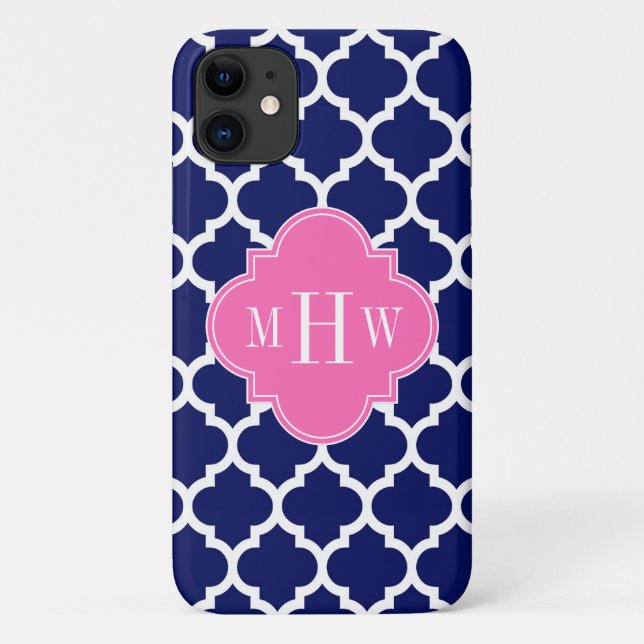 Navy Wht Moroccan #5 Hot Pink 3 Initial Monogram Case-Mate iPhone Case (Back)