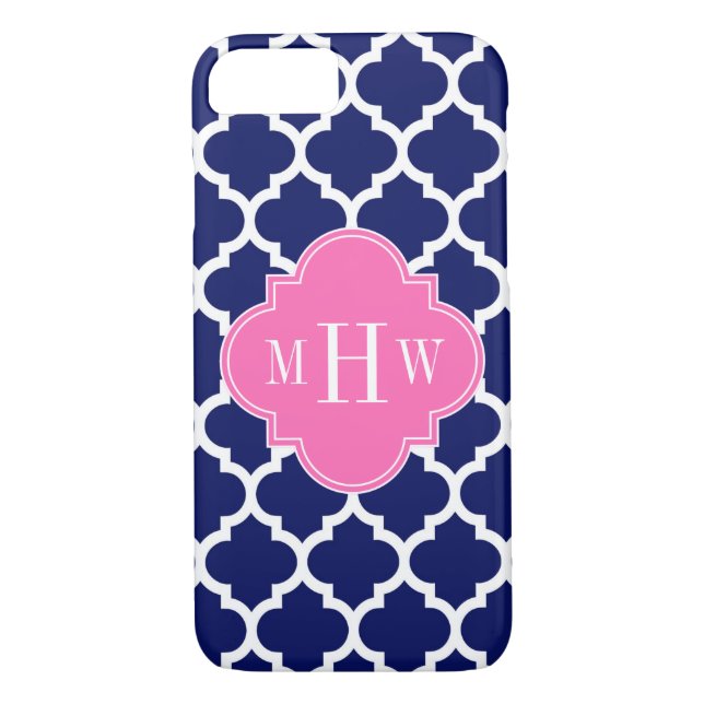 Navy Wht Moroccan #5 Hot Pink 3 Initial Monogram Case-Mate iPhone Case (Back)