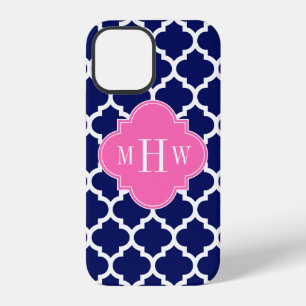 Navy Wht Moroccan #5 Hot Pink 3 Initial Monogram iPhone 12 Case