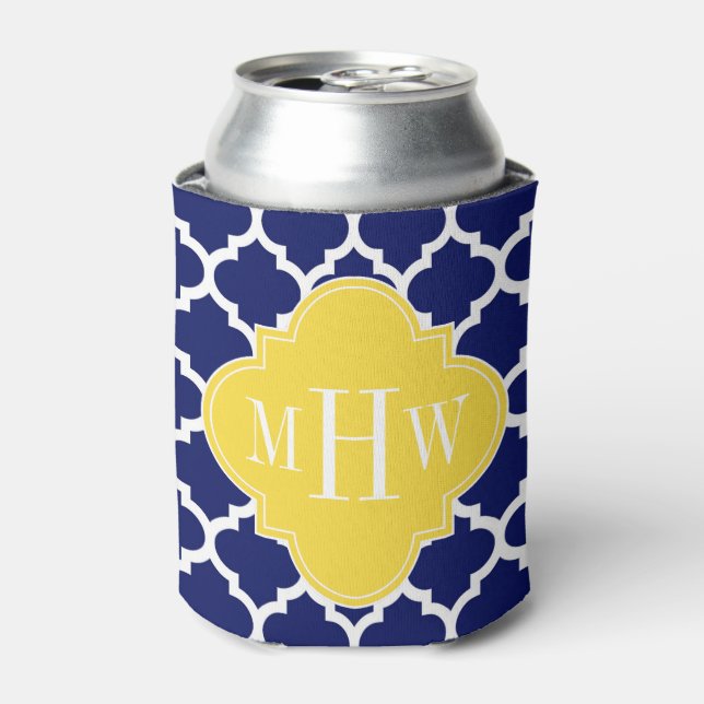Navy Wht Moroccan #5 Pineapple 3 Initial Monogram Can Cooler (Can Front)