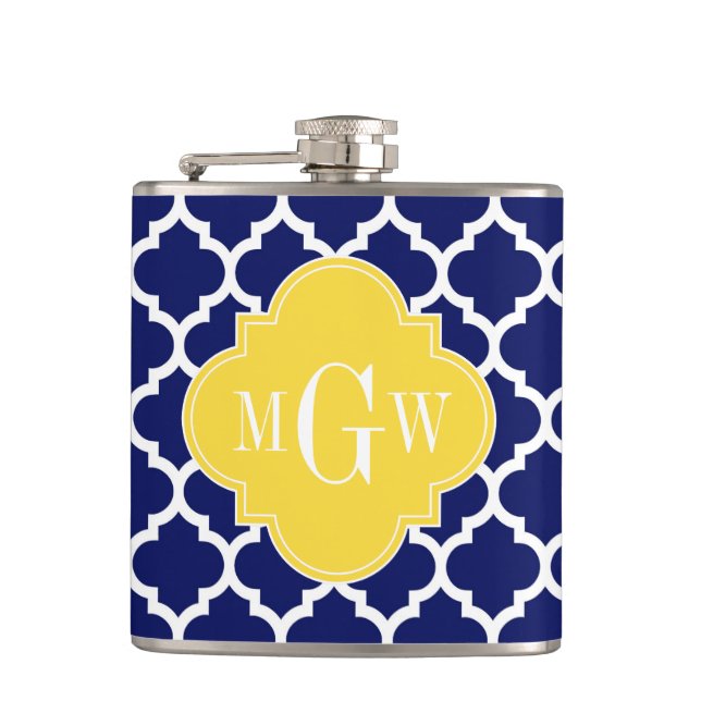 Navy Wht Moroccan #5 Pineapple 3 Initial Monogram Hip Flask (Front)